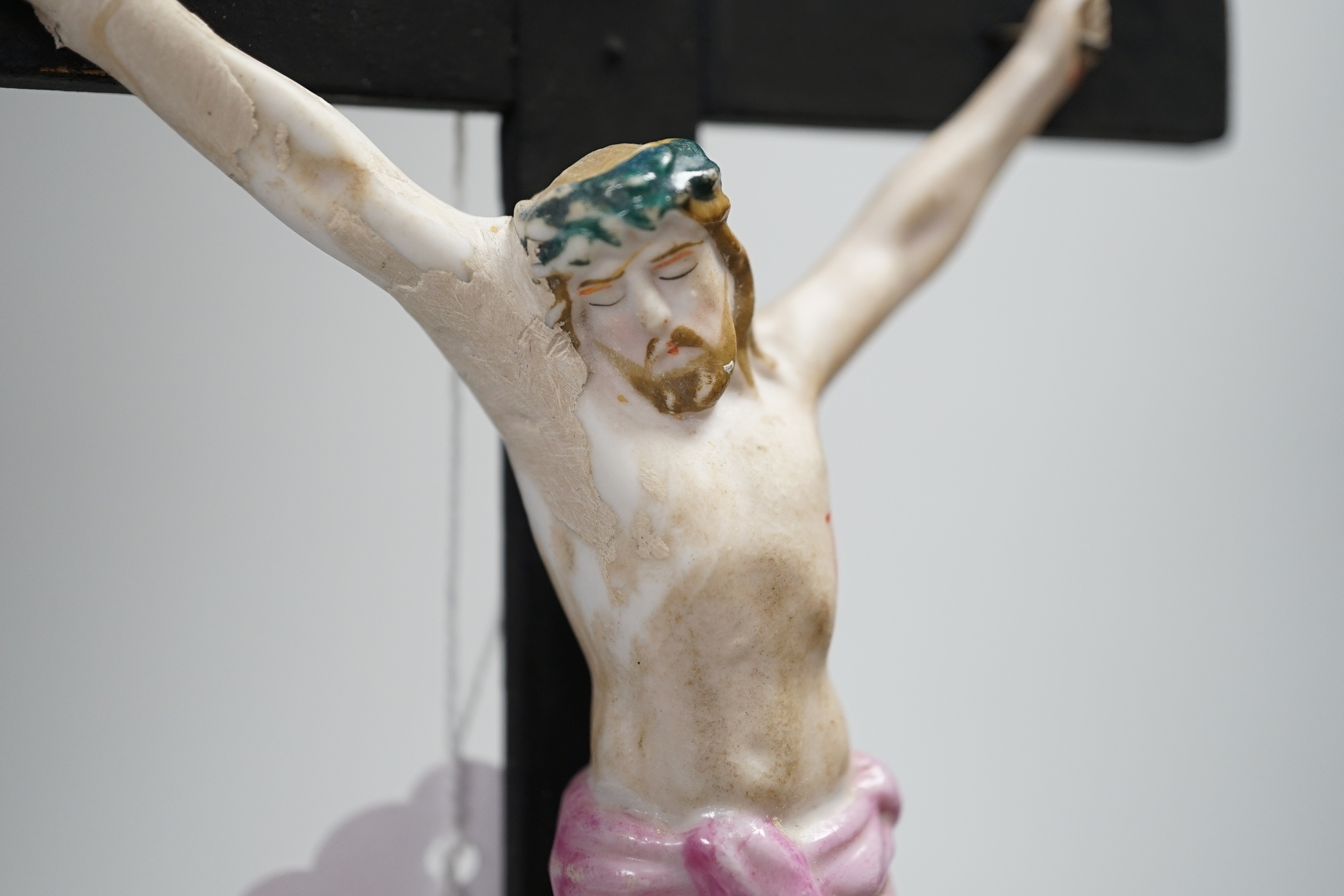19th century Belgium Bisque Crucifixion water stoop, 38cm high